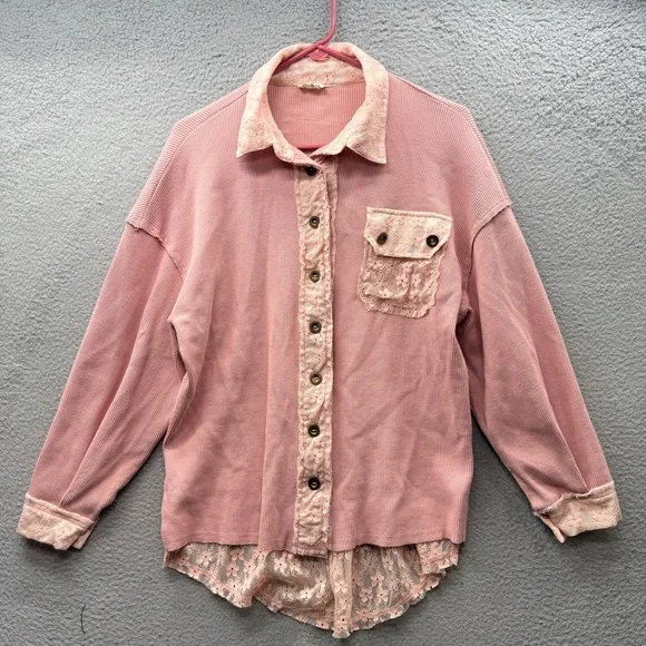 POL Patchwork Lace Dusty Pink Button Up Shirt Top Floral Oversized Boho Size S - Picture 1 of 13